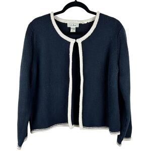 Vintage L.L. Bean Navy Blue Chunky Knit Open Front Cardigan – White Trim, Size L
